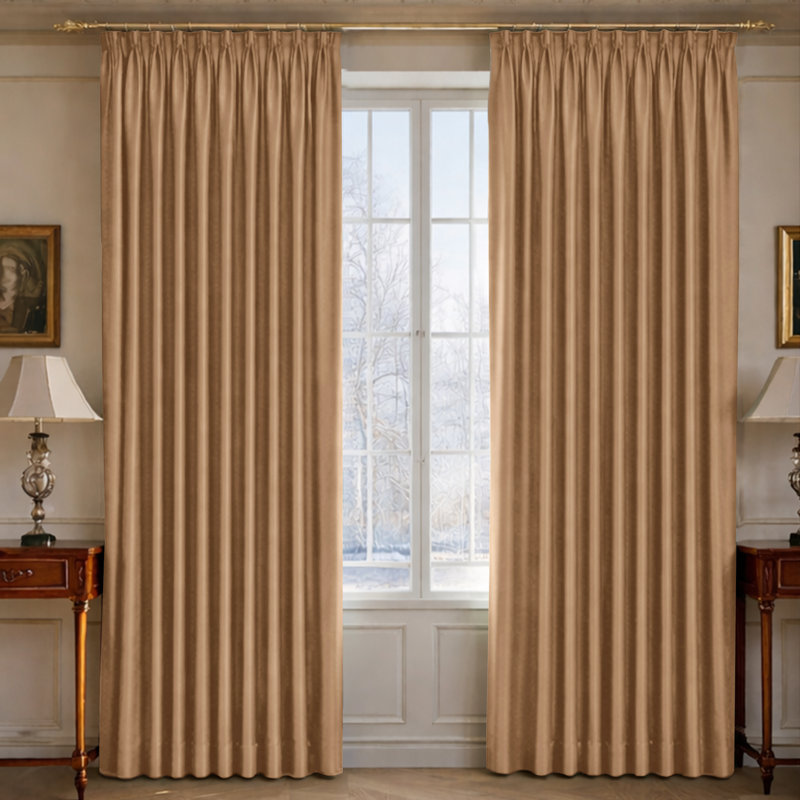 100% Polyester Blackout Pencil Pleat Room Darkening Curtains, 168cm Width x 228cm Drop, Beige