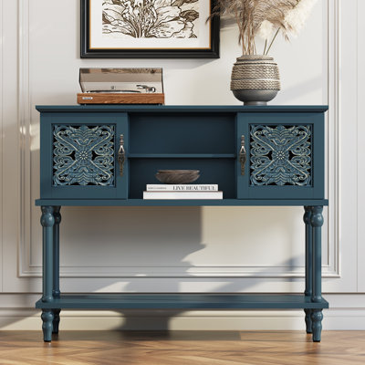 42" Carved Wood Console Table with Cabinet and Shelves, Roman Column Legs for Entryway, Blue