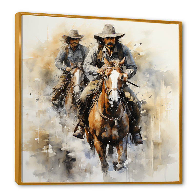 Blanc et brun, Cowboys de Bronco II - art mural, Cadre flottant doré, H 16 po x l 16 po