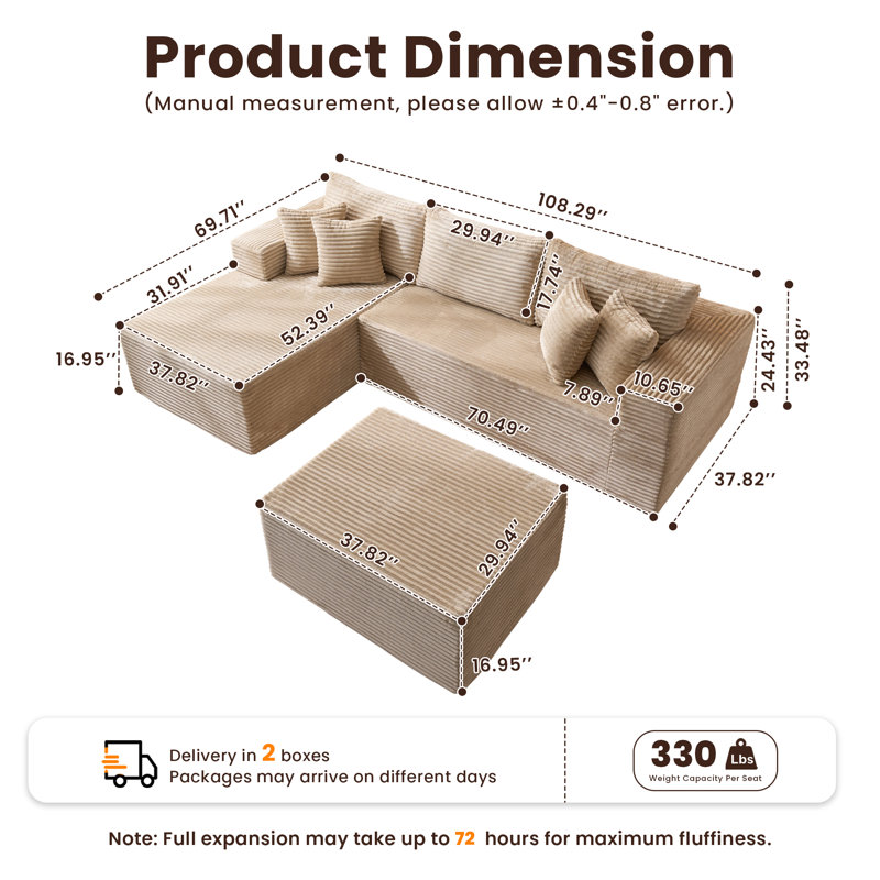 108'' Cloud Upholstered Sectional Couch With Chaise L-Shape Modern Modular Sofa With Ottoman For Living Room Bedroom No Assembly Required