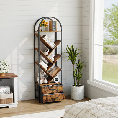 6-Tier Narrow Tree Bookshelf with 2 Fabric Drawers, 55" Tall Industrial Wood & Metal Bookcase for Small Spaces - Vertical Storage Organizer, Wall-Anch