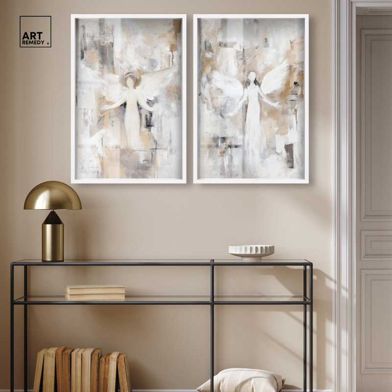 Ensemble de décorations murales abstraites Winged Enigma Duet Shadowbox par Art Remedy, cadre noir, 10 x 15, White Frame