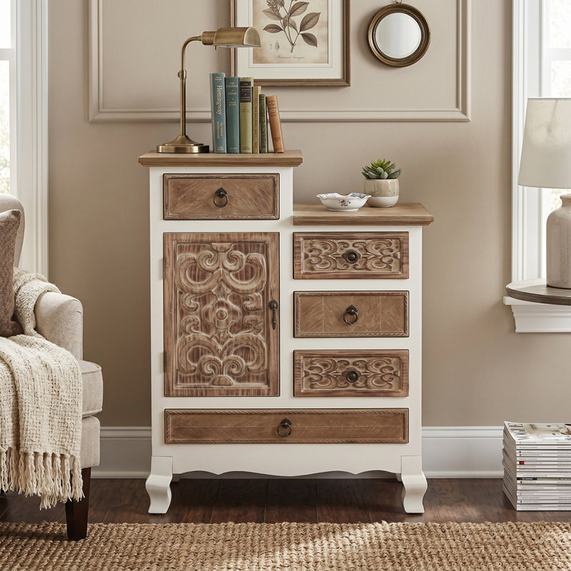 Armoire d'appoint 32,28 po de hauteur à 1 porte en bois avec plusieurs tiroirs et détails sculptés