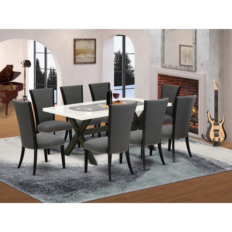 Ensemble de table de salle à manger 9 pièces comprenant une table de salle à manger rectangulaire avec pieds en X et 8 chaises rembourrées en tissu Gotham foncé, noir brossé 