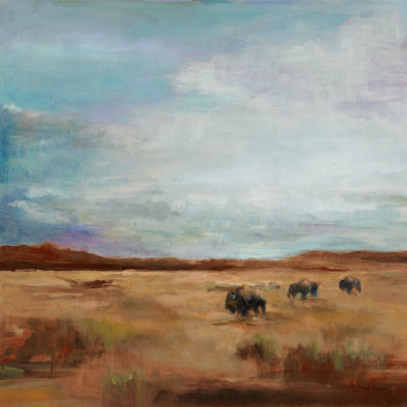 Buffalo sous grand ciel rouge et brun, H 12 po x l 12 po