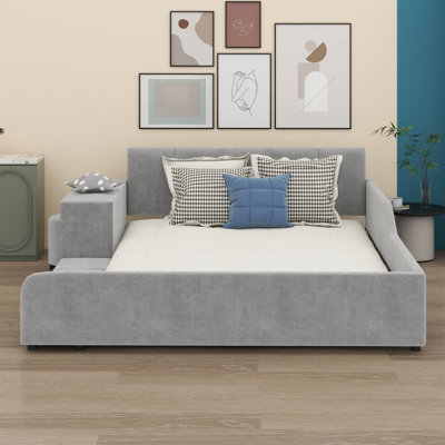 Upholstered Grounded Bed, Child Bed With Bedside Desk And Little Round Stool