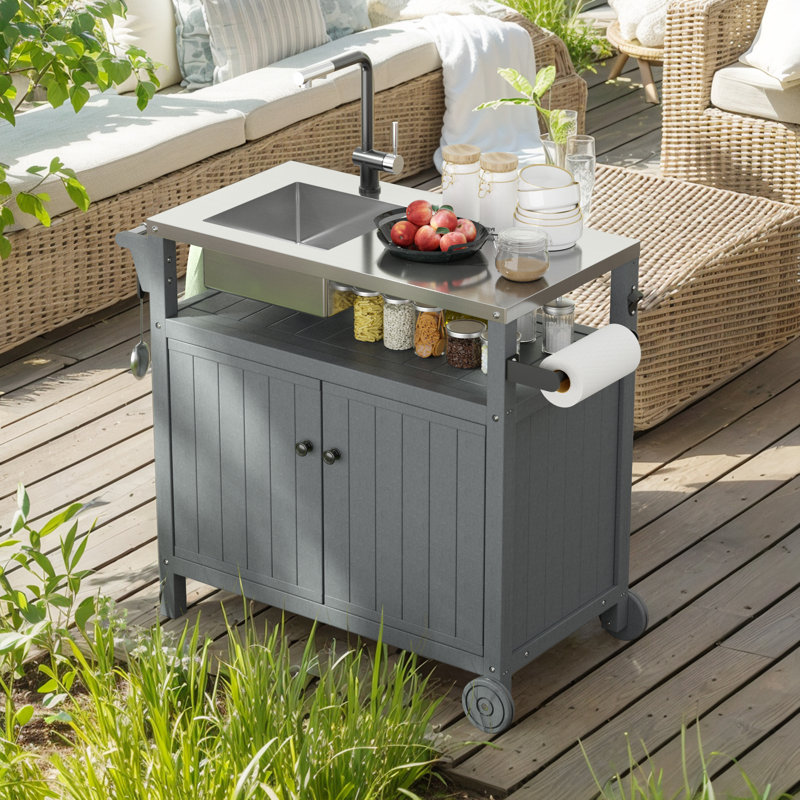 Camion de nourriture pour l'extérieur, îlot de cuisine avec évier et couvercle (sans robinet d'eau), Gris