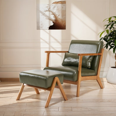 Mid-Century Modern Leatherette Accent Stool And Chair With Walnut Rubberwood Legs