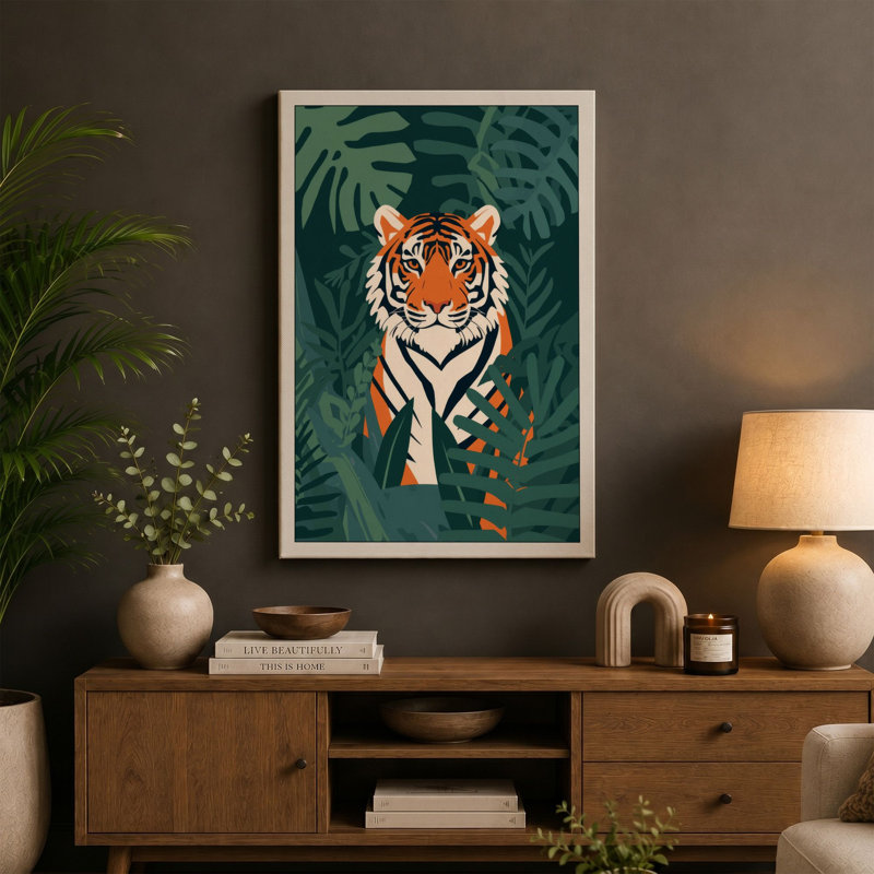 Tiger in Jungle Depths Tropical - Wrapped Canvas, 18x12 - 45.7 x 30.5 cm, Ochre Border