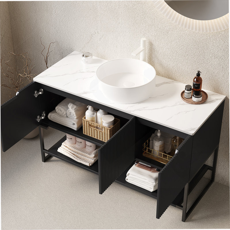 Meuble-lavabo autoportant de 48 po avec lavabo 48 po avec lavabo, meuble-lavabo autoportant avec 3 portes et tablette ouverte, vasque ronde en céramique blanche et comptoir blanc Carrara