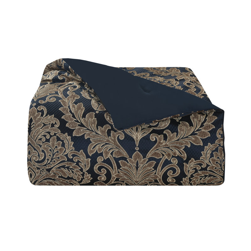Navy Blue Satin Queen Comforter Set with Frills