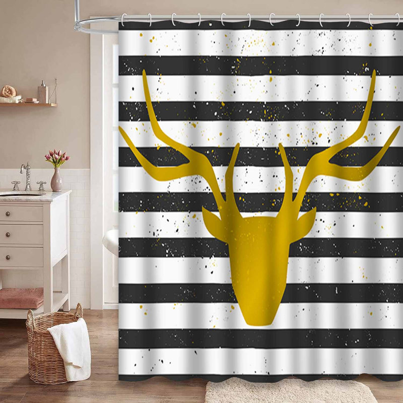 Deer Head Drawn Style Striped Gold Shower Curtain with 12 Hooks, 72" L x 72" W