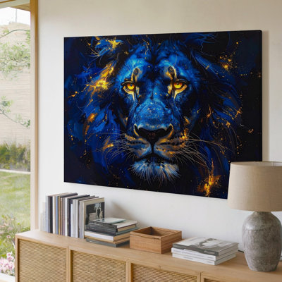 A Glowing Blue And Gold Lion Head Emerges From A Dark Galactic Background The Fur Canvas Wall Art Premium Quality Ready To Hang Modern