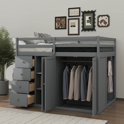 Full Size Wooden Loft Bed With Built-In Wardrobes, Numerous Storage Compartments And Drawers For Bedroom