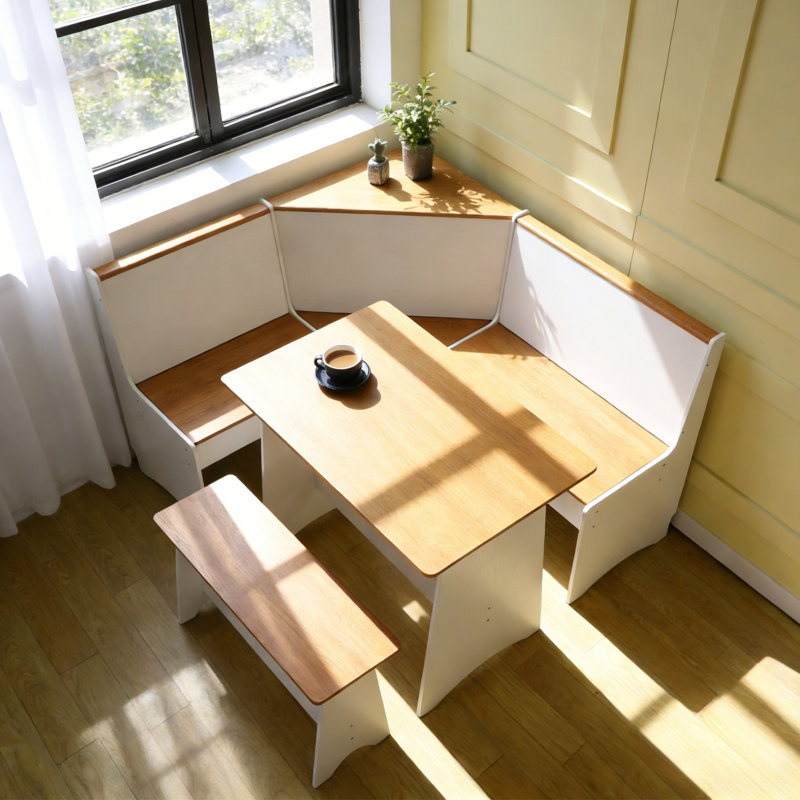 Ensemble de salle à manger coin-repas en forme de L 3 pièces avec rangement caché, ensemble de table de coin en bois moderne et banc pour petits espaces et cuisine, naturel et blanc