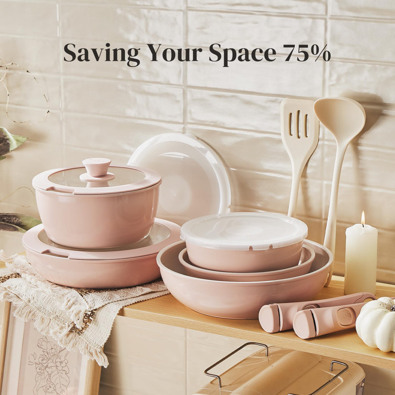 Ensemble de 16 casseroles et poêles en céramique antiadhésives et antiadhésives avec poignée amovible, non toxique, sans PFAS, sans PFOA et sans PTFE, batterie de cuisine pour camping-car, va au lave-vaisselle / au four (rose)