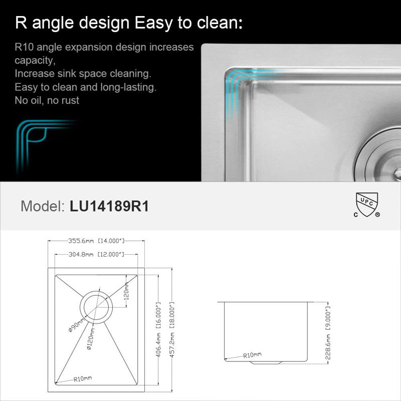 Undermount Kitchen Sink, 18" L x 14" W 