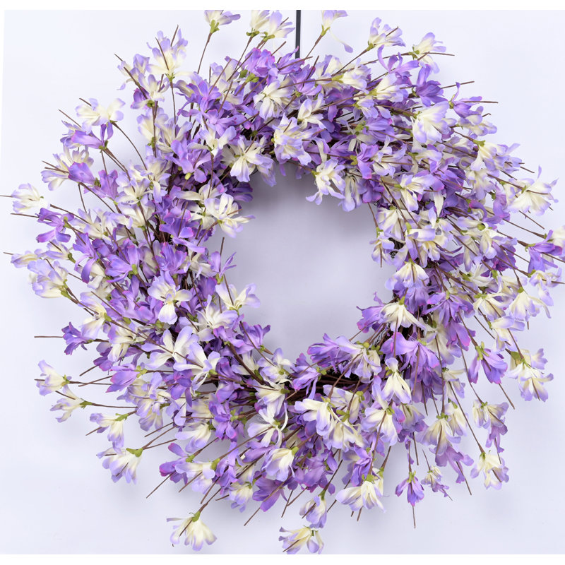 Couronne en forsythia fabriquée à la main 24 po pour porte d'entrée, Mauve