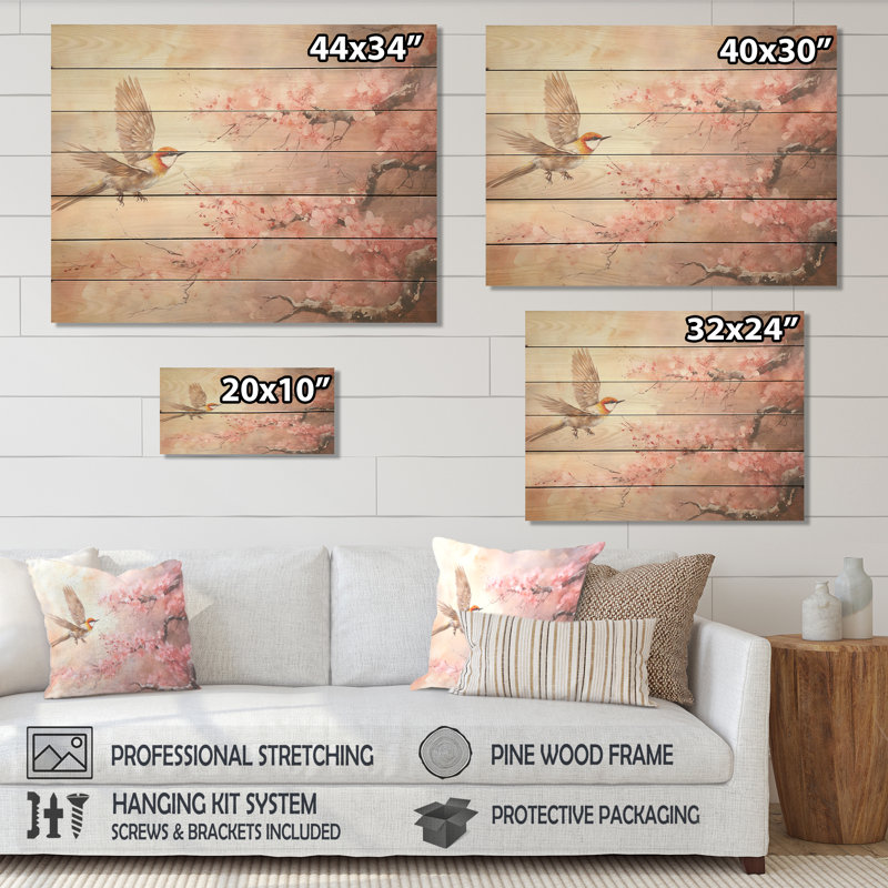 Oiseaux dorés et roses sur un arbre floral I - impression d'oiseau sur bois, H 34 po x l 44 po x P 0,78 po