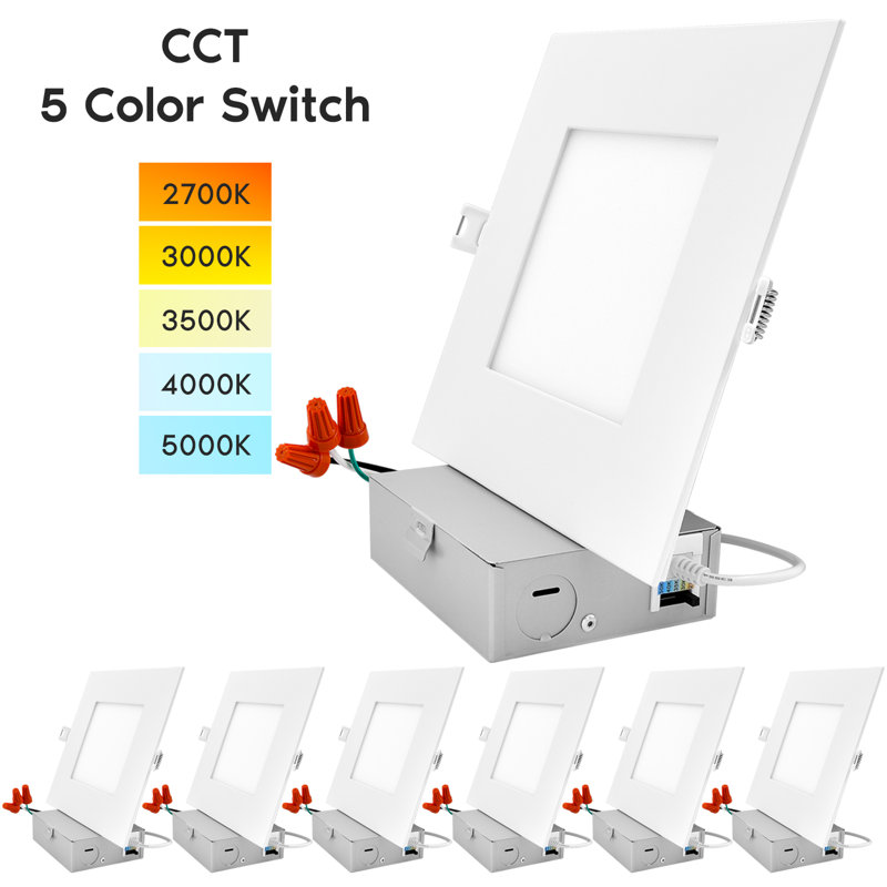 Éclairage encastré carré ultra-mince à DEL de 6 po 5 options de température de couleur à intensité variable 12 W, homologué IC, homologué ETL Canless, emballage de 6