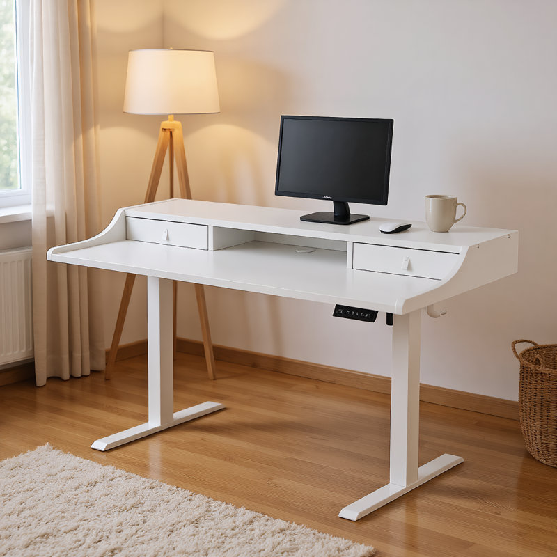 Bureau debout à base ajustable en métal avec tiroirs ajustables, H 28 po x l 48 po x P 27 po, Blanc