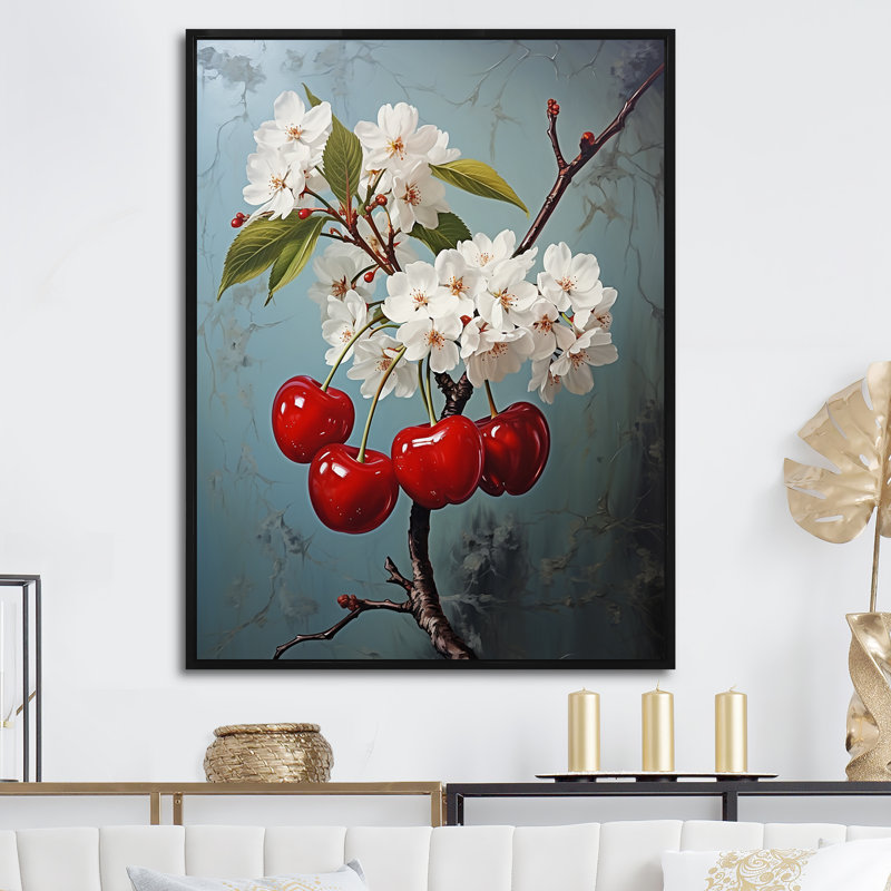 «Chuckling Cherry Charm II - Fruit», art mural salon_105730, Cadre flottant noir, H 40 po x l 30 po x P 1,5 po
