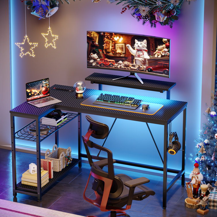 Nedyo 48" L-Shaped Computer Desk with Power Outlet, LED Gaming Work Desk with Monitor Stand