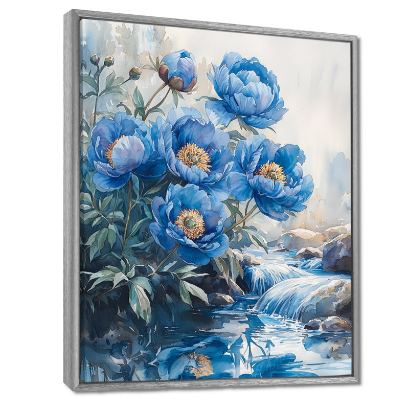 Art mural sur toile Blue Pivoines par The Stream I, Argent argent, H 32 po x l 24 po, Reproduction avec cadre flottant