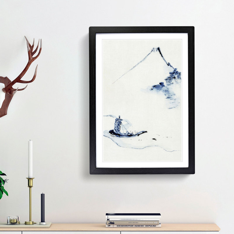Boat on a River by Mount Fuji by Katsushika Hokusai - Picture Frame Painting Print, 36cm H x 27cm W x 2cm D, Black Framed