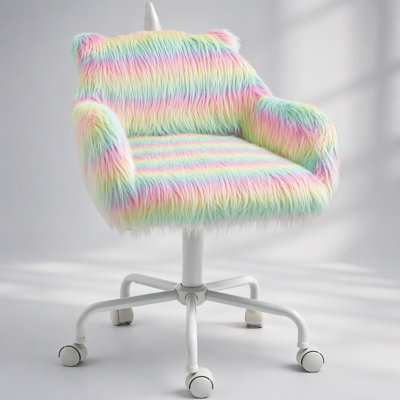 Rainbow Fuzzy Unicorn Office Chair, Plush Desk Chair with Swivel Base, Whimsical & Cozy for Playroom & Office