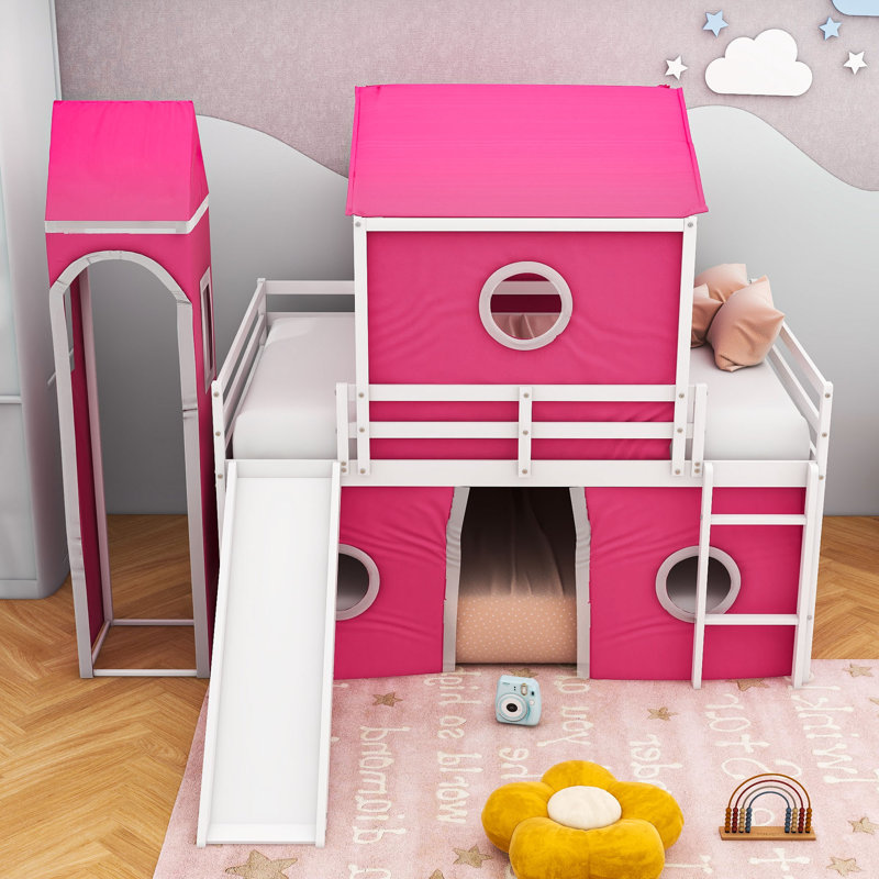 Lit superposé avec glissoire, tente et tour Kyser Kids, Rose, Double sur double