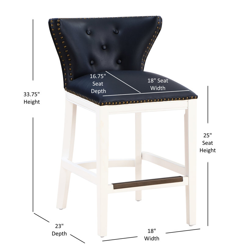 Tabouret de comptoir en similicuir et bois bleu foncé avec dossier profilé, siège à ressorts à arc en laiton antique