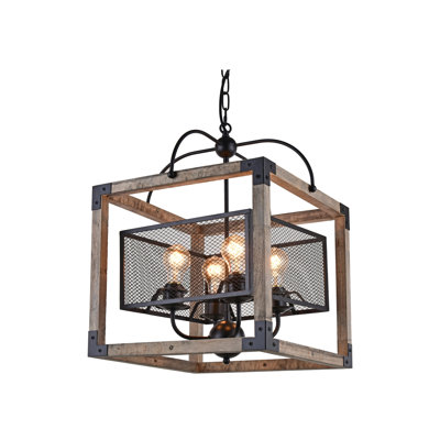 Lustre lanterne carré avec détails en bois