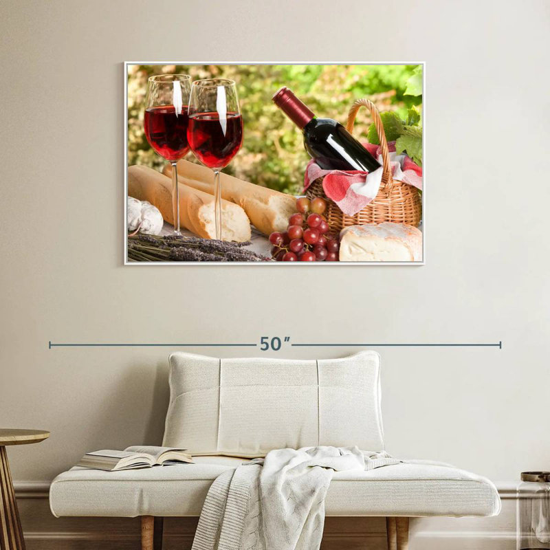 Pique-nique au vin rouge, Cadre flottant blanc, 43 po x 29 po