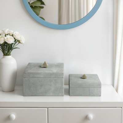 Scarbrough 2-Pieces Obaseki Suede Boxes With Stone Knob, Blue