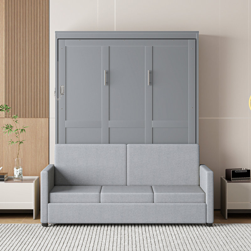 Lit escamotable double pleine grandeur avec coussin, Gris, Lit double