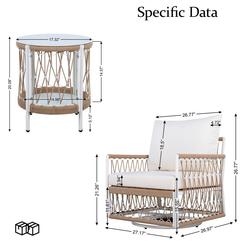 Ensemble 3 pièces de mobilier d'extérieur bohémien avec 2 chaises pivotantes et table d'appoint en verre - Corde tissée à la main et structure en acier thermolaqué - Coussins de patio imperméables