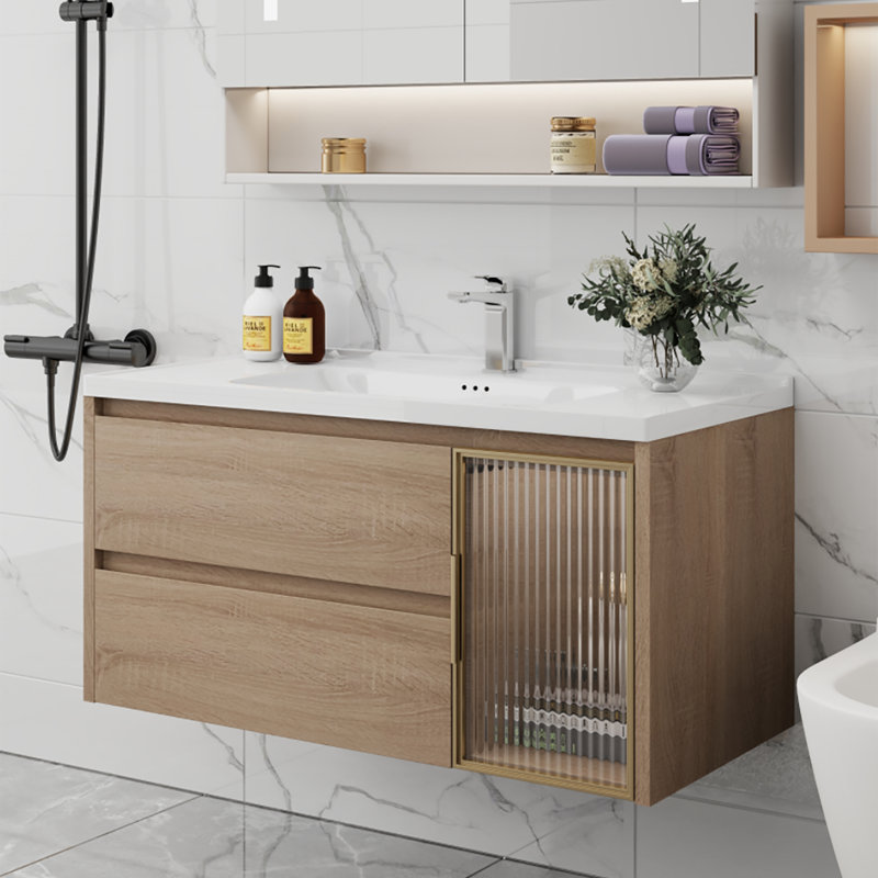  Meuble-lavabo simple 35,8 po avec comptoir en céramique blanche, meubles-lavabos flottants et bois massif, sans assemblage