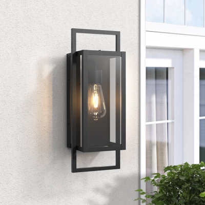 Selisa 1 - Light 15''H Black Iron Tempered glass Outdoor Wall Light with Dusk to Dawn