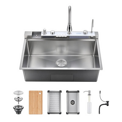 Évier de cuisine encastré à simple cuve en acier inoxydable avec affichage numérique, robinet de pulvérisation rétractable, distributeur de savon, laveuse à tasses et grille à vaisselle optionnelle