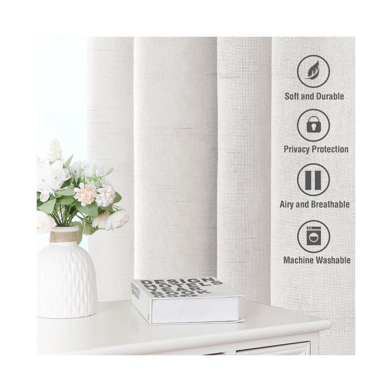 Linen Curtains for Living Room 2 Panels Back Tab Loop Pocket Textured Light Filtering Semi Sheer Rustic Farmhouse Boho Curtain for Bedroom