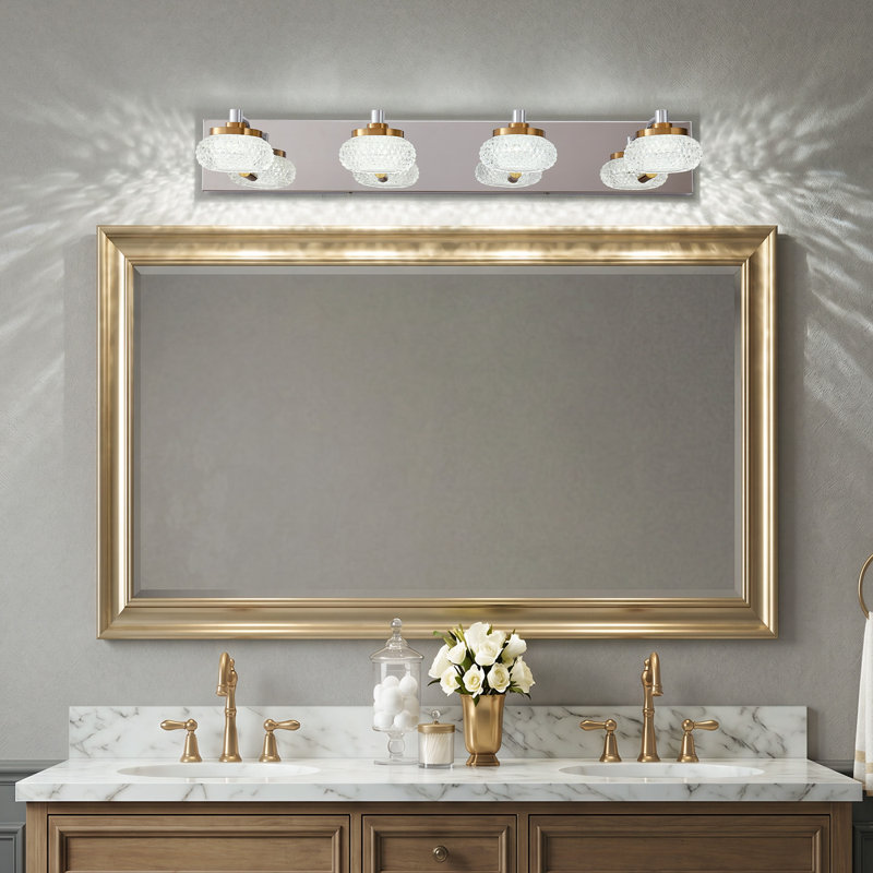 Applique murale pour salle de bain 29,1 po en chrome et laiton avec abat-jour en verre transparent, intensité variable, applique murale industrielle pour miroir