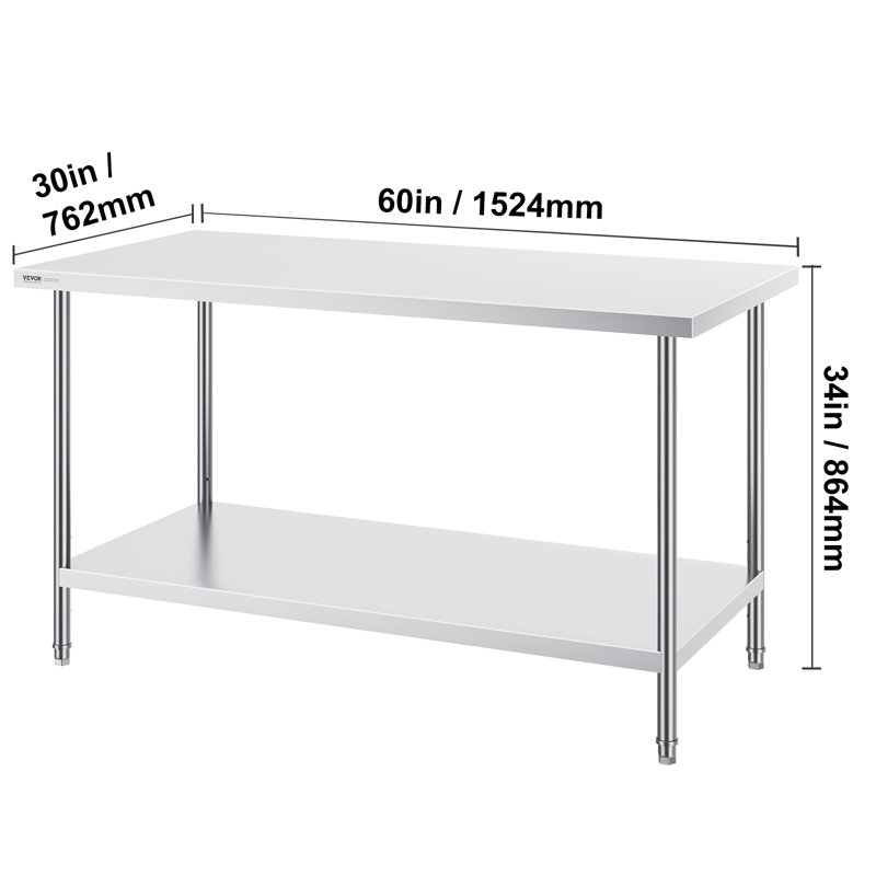 VEVOR Stainless Steel 60'' L x 30'' W x 34'' H Work Table