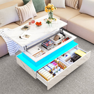 43.3" Modern Led Lift Top Coffee Table With Storage Drawer And Hidden Compartment High Gloss Center Table With App Control Lighting For Living Room