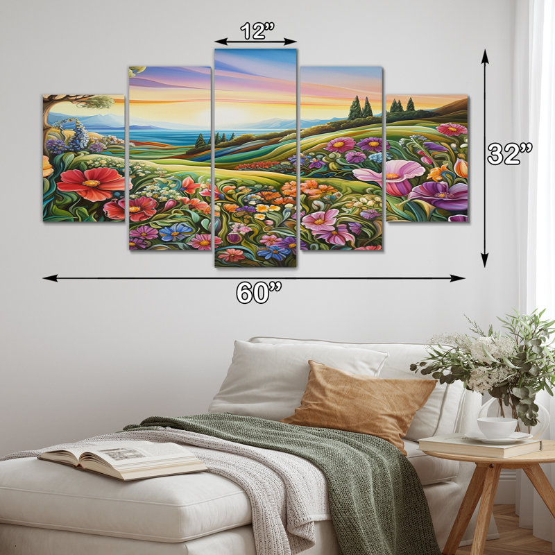Célébration du printemps, campagne sauvage, impression sur toile - 5 panneaux