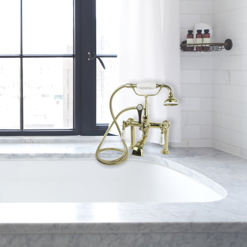 3 Handle Deck Clawfoot Tub Faucet with Diverter, Polished Brass