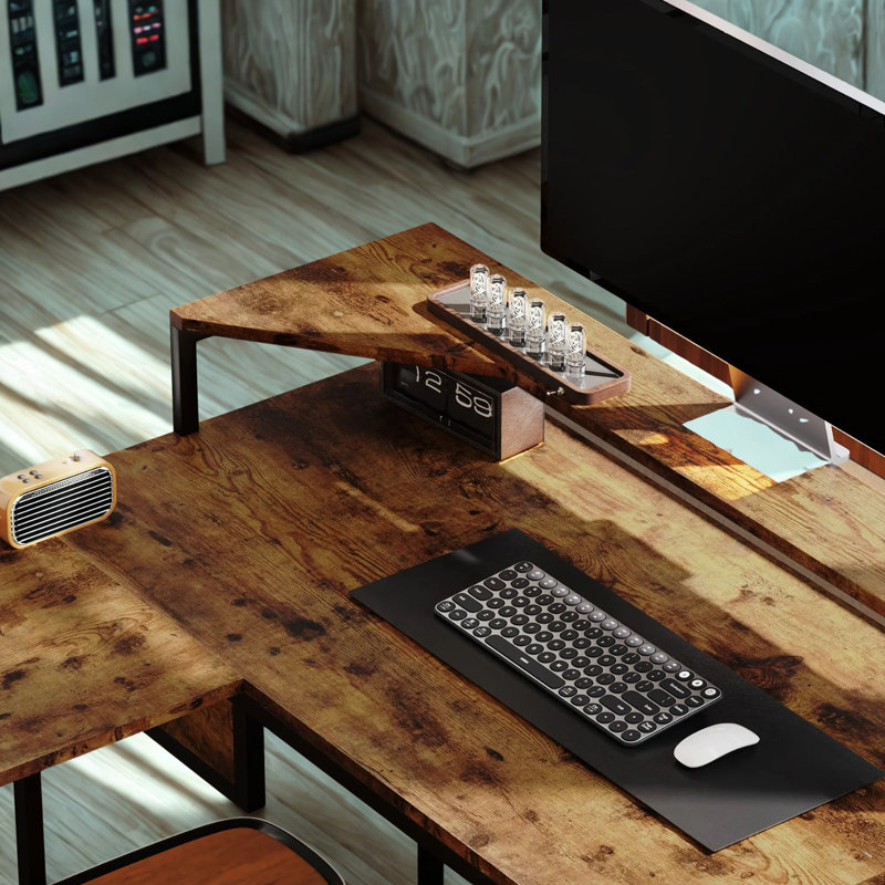 Industrial L Shaped Computer Desk With Storage Drawer and Monitor Stand