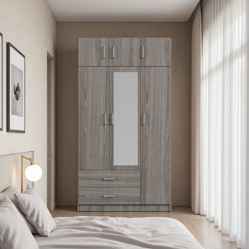Armoire à miroir 3 portes avec 2 tiroirs et armoire supérieure, Gris