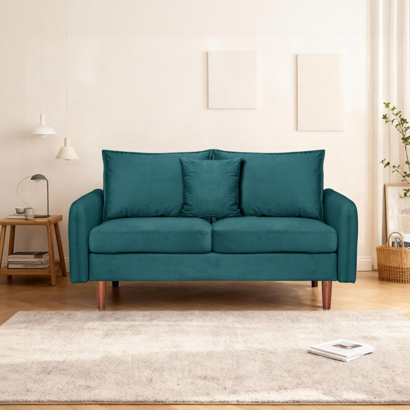  56" Wide Velvet Round Arm Loveseat, Featuring Side Storage Pockets and a Small Square Throw Pillow, Dark Cyan