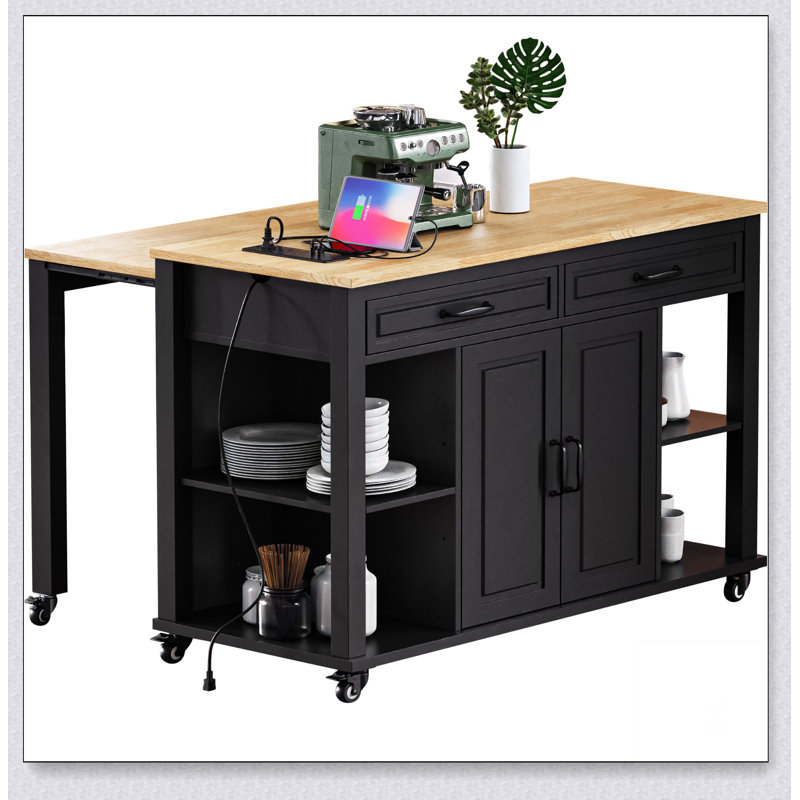 47 Inch Extendable Kitchen Island with Dining Table, Internal Storage, and Power Outlet for Modern Kitchens